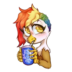 Size: 932x932 | Tagged: safe, artist:occultusion, derpibooru import, oc, oc:rainbow feather, unofficial characters only, gryphon, hippogriff, blushing, braid, celestia cola, commission, drink, interspecies offspring, magical lesbian spawn, offspring, parent:gilda, parent:rainbow dash, parents:gildash, simple background, soda, solo, straw, transparent background, ych result
