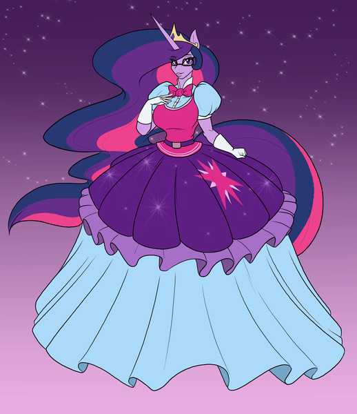 Size: 2850x3300 | Tagged: alicorn, alicornified, anthro, artist:toughset, clothes, derpibooru import, dress, equestria girls outfit, ethereal mane, female, fusion, gloves, gown, older, older twilight, princess celestia, race swap, safe, sci-twi, twilight sparkle