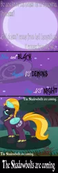 Size: 1024x3012 | Tagged: safe, artist:killkatt, derpibooru import, lightning dust, pegasus, pony, butt, clothes, comic, digital art, everfree forest, female, mare, moon, night, plot, shadowbolts, solo, suit, tail, text, tree, wings