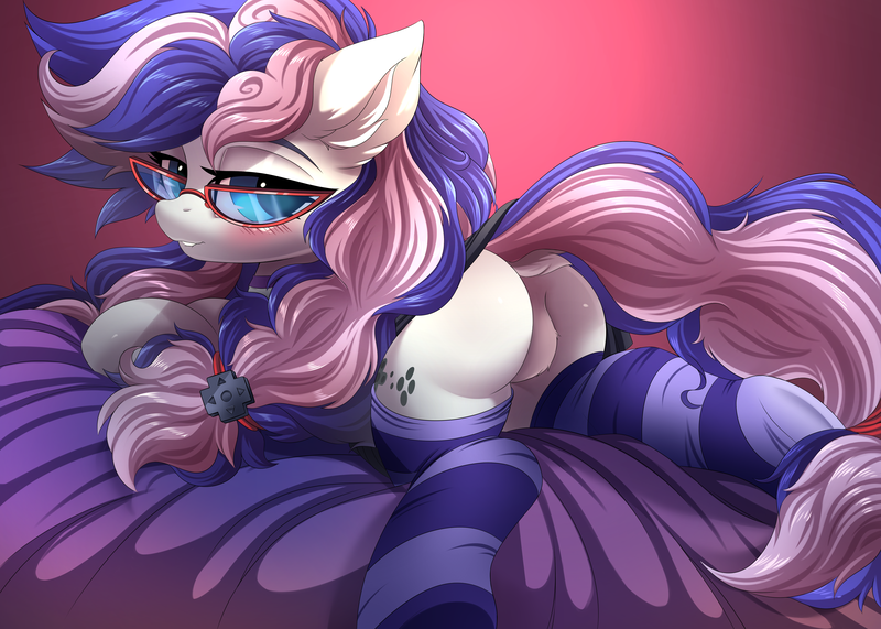 Size: 5152x3680 | Tagged: suggestive, artist:ask-colorsound, derpibooru import, oc, oc:cinnabyte, unofficial characters only, pony, adorkable, bedroom eyes, clothes, commission, cute, dork, female, mare, socks, striped socks, ych result, your character here