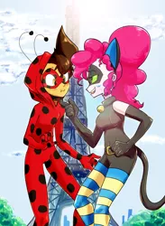 Size: 2200x3000 | Tagged: safe, artist:manic-the-lad, derpibooru import, pinkie pie, oc, oc:copper plume, insect, ladybug, equestria girls, bedroom eyes, bell, belt, blushing, canon x oc, cat bell, cat ears, chat noir, chin scratch, clothes, cloud, commission, commissioner:imperfectxiii, copperpie, cosplay, costume, crossover, eiffel tower, female, gloves, hoodie, long gloves, male, mask, miraculous ladybug, ponytail, shipping, sky, socks, straight, striped socks, striped stockings, sun, tail