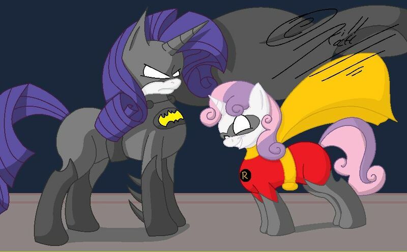 Size: 948x586 | Tagged: safe, artist:killkatt, derpibooru import, rarity, sweetie belle, pony, unicorn, batman, batman and robin, batmare, clothes, digital art, duo, female, filly, horn, mare, robin, siblings, sisters, suit, superhero, tail