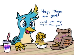 Size: 745x558 | Tagged: safe, artist:jargon scott, derpibooru import, gallus, bird, chicken, gryphon, carnivore, chicken meat, chicken nugget, cute, dialogue, dipping sauce, drink, food, gallabetes, gallus the rooster, griffons doing griffon things, male, meat, simple background, soda, solo jazz, this will not end well, white background