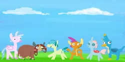 Size: 1440x720 | Tagged: safe, artist:tjpones, derpibooru import, gallus, ocellus, sandbar, silverstream, smolder, yona, changedling, changeling, dragon, earth pony, gryphon, hippogriff, pony, yak, female, male, simple background, stallion, student six, stylistic suck, white background