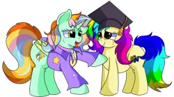 Size: 1280x712 | Tagged: safe, artist:rainbowtashie, author:bigonionbean, derpibooru import, cheerilee, ms. harshwhinny, spitfire, trixie, oc, oc:princess sincere scholar, oc:rainbow tashie, alicorn, earth pony, pony, clothes, commissioner:bigonionbean, crying, cutie mark, female, fusion, fusion:princess sincere scholar, graduation cap, hat, mare, simple background, tears of joy, teary eyes, transparent background