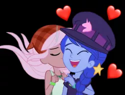 Size: 1260x959 | Tagged: safe, derpibooru import, raspberry lilac, space camp (character), equestria girls, equestria girls series, female, heart, kiss on the cheek, kissing, lesbian, love, shipping, smooch, spacelilac