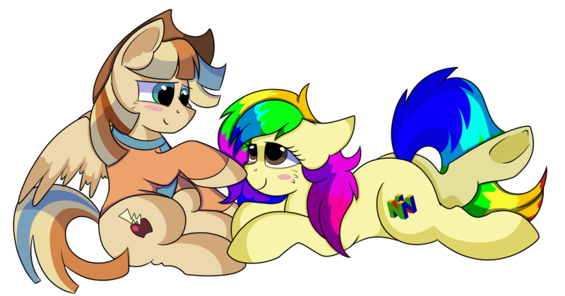 Size: 1280x672 | Tagged: safe, artist:rainbowtashie, author:bigonionbean, derpibooru import, braeburn, wind waker (character), oc, oc:rainbow tashie, oc:spicy cider, earth pony, pegasus, pony, blushing, boop, clothes, commissioner:bigonionbean, cowboy hat, cute, cutie mark, dawwww, dummy thicc, fusion, fusion:spicy cider, hat, in love, jumpsuit, love, romantic, simple background, stetson, transparent background