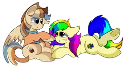 Size: 1280x672 | Tagged: safe, artist:rainbowtashie, author:bigonionbean, derpibooru import, braeburn, wind waker (character), oc, oc:rainbow tashie, oc:spicy cider, earth pony, pegasus, pony, blushing, boop, clothes, commissioner:bigonionbean, cowboy hat, cute, cutie mark, dawwww, dummy thicc, fusion, fusion:spicy cider, hat, in love, jumpsuit, love, romantic, simple background, stetson, transparent background