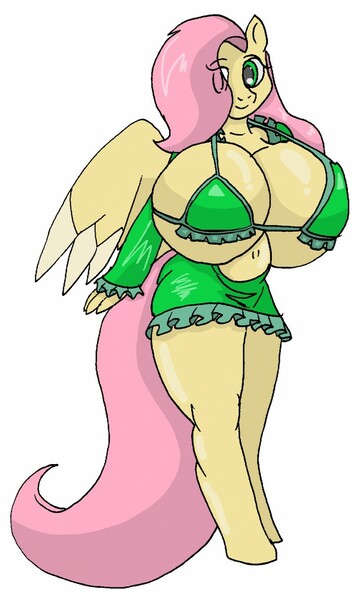 Size: 768x1280 | Tagged: suggestive, artist:large-rarge, derpibooru import, fluttershy, anthro, bat pony, pegasus, unguligrade anthro, belly button, big breasts, breasts, busty fluttershy, clothes, female, flutterbat, hair over one eye, huge breasts, impossibly large breasts, large boobs, long tail, looking at you, nightgown, pajamas, pose, race swap, simple background, smiling, solo, solo female, white background