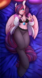 Size: 689x1280 | Tagged: anthro, anthro oc, artist:rainbowscreen, bed, belly button, blushing, body pillow, body pillow design, bra, breasts, clothes, commission, dakimakura cover, derpibooru import, digital art, female, jewel, looking at you, mare, oc, oc:aurora shine, panties, pantyhose, pegasus, pegasus oc, pillow, socks, solo, solo female, stockings, suggestive, tail, thigh highs, underwear, unguligrade anthro, unofficial characters only, unshorn fetlocks, wings