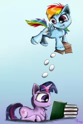 Size: 1280x1919 | Tagged: safe, artist:chopsticks, derpibooru import, rainbow dash, twilight sparkle, pegasus, pony, unicorn, blue background, book, butt fluff, cheek fluff, chest fluff, dropping, ear fluff, egg, egghead, female, filly, flapping, fluffy, flying, food, gradient background, grin, hoof fluff, leg fluff, lying down, prank, prone, rainbow douche, reading, simple background, smiling, smirk, spread wings, this will not end well, unicorn twilight, unshorn fetlocks, wings, younger