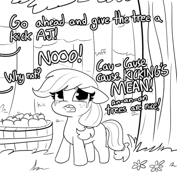 Size: 2250x2250 | Tagged: safe, artist:tjpones, derpibooru import, applejack, earth pony, pony, comic:fillies, adorable distress, apple, applebucking, blank flank, crying, cute, dialogue, feels, female, filly, filly applejack, floppy ears, food, freckles, grayscale, hatless, high res, hnnng, innocent, jackabetes, missing accessory, monochrome, offscreen character, onomatopoeia, open mouth, sad, sadorable, silly, silly pony, simple background, tjpones is trying to murder us, tree, white background, who's a silly pony, younger