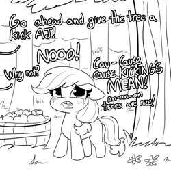 Size: 2250x2250 | Tagged: safe, artist:tjpones, derpibooru import, applejack, earth pony, pony, comic:fillies, adorable distress, apple, applebucking, blank flank, crying, cute, dialogue, feels, female, filly, filly applejack, floppy ears, food, freckles, grayscale, hatless, high res, hnnng, innocent, jackabetes, missing accessory, monochrome, offscreen character, onomatopoeia, open mouth, sad, sadorable, silly, silly pony, simple background, tjpones is trying to murder us, tree, white background, who's a silly pony, younger