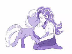 Size: 2048x1536 | Tagged: safe, artist:chapaghettii, derpibooru import, starlight glimmer, trixie, human, pony, unicorn, clothes, eyes closed, female, human on pony action, humanized, interspecies, kissing, lesbian, monochrome, shipping, sitting, skirt, skirt suit, smiling, socks, startrix, stockings, suit, thigh highs