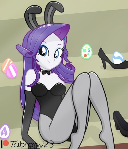 Size: 1468x1713 | Tagged: suggestive, artist:tabrony23, derpibooru import, rarity, equestria girls, breasts, bunny girl, bunny suit, clothes, costume, easter, easter egg, egg, evening gloves, female, gloves, high res, holiday, long gloves, looking at you, patreon, patreon logo, sexy, shoes, smiling, solo, solo female