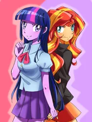 Size: 1080x1440 | Tagged: safe, artist:tastyrainbow, derpibooru import, sunset shimmer, twilight sparkle, equestria girls, bow, clothes, female, holding hands, jacket, lesbian, shipping, skirt, smiley face, sunsetsparkle