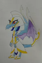 Size: 2744x4103 | Tagged: artist:bsw421, clothes, derpibooru import, dragon, egyptian, khopesh, princess ember, safe, solo, sword, traditional art, uniform, weapon