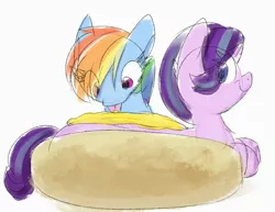 Size: 2434x1882 | Tagged: safe, artist:littleblackraencloud, derpibooru import, rainbow dash, starlight glimmer, pegasus, pony, unicorn, crossing the memes, food, horse meat, hot dog, licking, long glimmer, long pony, meat, meme, mustard, rainbow mustard, sauce, sausage, smiling, that pony sure does love mustard, tongue out