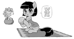 Size: 1280x681 | Tagged: suggestive, artist:pencils, derpibooru import, seven seas, meno amare, pinkie pie, earth pony, pony, my little pony: the manga, my little pony: the manga volume 2, spoiler:manga, spoiler:manga2, female, girly, innuendo, male, mare, monochrome, stallion