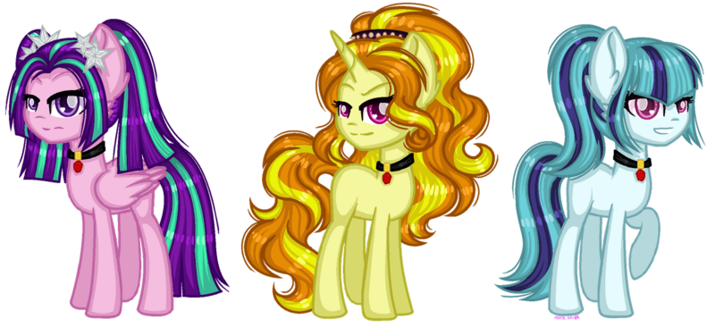 Size: 1280x586 | Tagged: safe, artist:fantarianna, derpibooru import, adagio dazzle, aria blaze, sonata dusk, ponified, earth pony, pegasus, pony, unicorn, equestria girls, rainbow rocks, equestria girls ponified, female, gem, mare, pigtails, ponytail, simple background, siren gem, the dazzlings, transparent background, trio, twintails