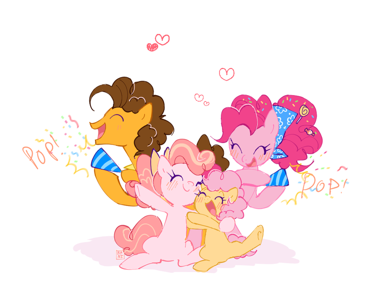 Size: 1084x814 | Tagged: safe, artist:kino-ta, derpibooru import, cheese sandwich, li'l cheese, pinkie pie, oc, oc:cheese cake, pony, the last problem, cheesepie, female, male, offspring, parent:cheese sandwich, parent:pinkie pie, parents:cheesepie, party horn, shipping, straight