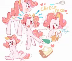 Size: 1280x1084 | Tagged: safe, artist:kino-ta, derpibooru import, oc, oc:cheese cake, earth pony, pony, apron, batter, clothes, female, food, mare, offspring, parent:cheese sandwich, parent:pinkie pie, parents:cheesepie, solo