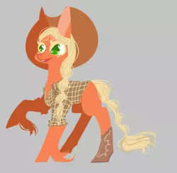 Size: 629x616 | Tagged: safe, artist:trainerfairy, derpibooru import, part of a set, applejack, earth pony, pony, alternate design, boots, clothes, cowboy hat, gray background, hat, no pupils, shirt, shoes, simple background, solo, unshorn fetlocks