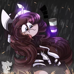 Size: 2200x2200 | Tagged: safe, artist:jxst-starly, derpibooru import, oc, oc:lillie belle, unofficial characters only, unicorn, clothes, coffee, coffee cup, cup, fog, grass, hoodie, horn, leaves, magic, next generation, rain, unicorn oc