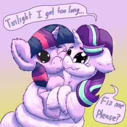 Size: 1872x1872 | Tagged: safe, artist:billblok, artist:firefanatic, derpibooru import, starlight glimmer, twilight sparkle, twilight sparkle (alicorn), alicorn, pony, unicorn, begging, coiling, coils, crying, cute, dialogue, female, fluffy, long glimmer, long pony, mare, meme, nuzzling, speech bubble