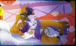 Size: 2313x1419 | Tagged: safe, artist:trainerfairy, derpibooru import, capper dapperpaws, rarity, abyssinian, hybrid, pony, unicorn, my little pony: the movie, bed, bed mane, capperity, colored pupils, cute, female, high res, interspecies, interspecies offspring, male, offspring, parent:capper, parent:rarity, parents:capperity, shipping, straight