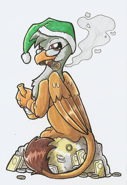 Size: 849x1241 | Tagged: safe, artist:ravenpuff, deleted from derpibooru, derpibooru import, oc, oc:tyrie, gryphon, beer bottle, christmas, cigar, gold, griffon oc, hat, holiday, male, money, santa hat, sitting, smoking, solo