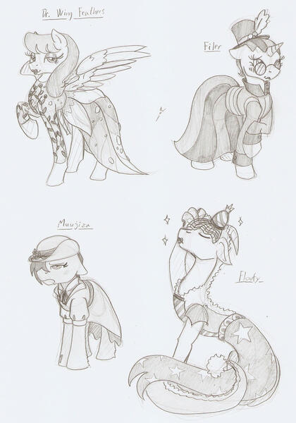 Size: 1362x1946 | Tagged: safe, artist:ravenpuff, deleted from derpibooru, derpibooru import, oc, oc:filer, oc:floofy (ravenpuff), oc:muujiza, oc:wing feathers, unofficial characters only, draconequus, pegasus, pony, unicorn, arm behind head, bedroom eyes, blushing, bowler hat, clothes, crossdressing, draconequus oc, dress, eyelashes, eyes closed, frown, grayscale, hat, horn, lineart, lipstick, makeup, male, monochrome, parent:discord, parents:canon x oc, pegasus oc, raised hoof, stallion, top hat, traditional art, unamused, unicorn oc, wings