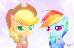 Size: 2400x1585 | Tagged: safe, artist:bronyazaych, derpibooru import, applejack, rainbow dash, earth pony, pegasus, pony, appledash, chibi, cowboy hat, cute, dashabetes, female, hat, jackabetes, lesbian, mare, shipping, toy