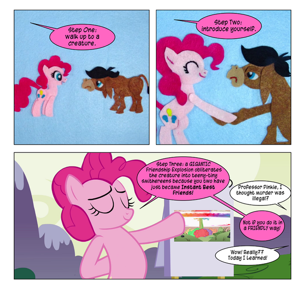 Size: 868x837 | Tagged: a friend in deed, artist:dziadek1990, comic, conversation, cranky doodle donkey, derpibooru import, dialogue, edit, edited screencap, felt, imagine spot, lesson zero, offscreen character, pinkie pie, rainbow nuke, safe, screencap, screencap comic, text, too many pinkie pies