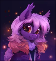 Size: 2652x2908 | Tagged: safe, artist:share dast, derpibooru import, oc, oc:ardent dusk, unofficial characters only, bat pony, hybrid, pegasus, bust, chest fluff, clothes, commission, cute, cute little fangs, ear fluff, ear tufts, fangs, female, fluffy, hoodie, mare, multicolored hair, portrait, solo, stars, weapons-grade cute