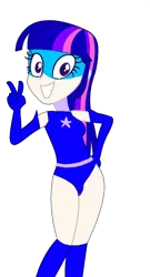 Size: 656x1216 | Tagged: safe, artist:supersamyoshi, derpibooru import, twilight sparkle, human, equestria girls, clothes, grin, human coloration, leotard, magic gaia, peace sign, simple background, smiling, superhero, transparent background