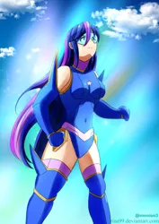 Size: 495x700 | Tagged: artist:tirius99, clothes, derpibooru import, human, humanized, leotard, magic gaia, safe, superhero, twilight sparkle