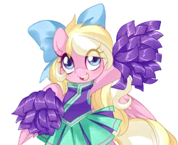 Size: 1226x1000 | Tagged: safe, artist:loyaldis, derpibooru import, oc, oc:bay breeze, unofficial characters only, pegasus, pony, blushing, bow, cheerleader, cheerleader outfit, clothes, cute, female, hair bow, mare, ocbetes, open mouth, pom pom, simple background, transparent background