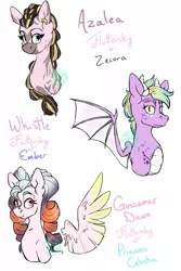 Size: 1024x1536 | Tagged: safe, artist:farewelldecency, deleted from derpibooru, derpibooru import, oc, unofficial characters only, dracony, dragon, hybrid, pony, zony, adoptable, interspecies offspring, magical lesbian spawn, offspring, parent:fluttershy, parent:princess celestia, parent:princess ember, parent:zecora, parents:embershy, parents:fluttercora, parents:flutterlestia, piercing, simple background, white background