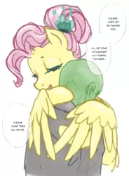 Size: 950x1293 | Tagged: safe, artist:saby, derpibooru import, fluttershy, oc, oc:anon, ponified, human, pegasus, pony, /mlp/, 4chan, clothes, colored sketch, comforting, dialogue, drawthread, eyes closed, feels, female, hug, male, mare, older, older fluttershy, ponified scene, shirt, simple background, speech bubble, text, wholesome, winghug