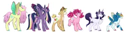 Size: 1280x333 | Tagged: safe, artist:ff0000, derpibooru import, applejack, fluttershy, pinkie pie, rainbow dash, rarity, twilight sparkle, twilight sparkle (alicorn), alicorn, earth pony, pegasus, pony, unicorn, alternate cutie mark, alternate design, alternate hairstyle, antlers, beard, butterfly wings, colored hooves, colored horn, colored wings, colored wingtips, cowboy hat, curved horn, facial hair, female, grin, hat, horn, large cutie mark, mare, piebald coloring, raised hoof, short tail, simple background, size chart, size comparison, smiling, smirk, spread wings, tail feathers, tail wrap, unshorn fetlocks, white background, wings