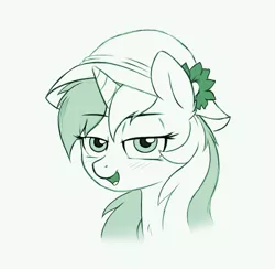 Size: 1982x1935 | Tagged: safe, artist:godoffury, derpibooru import, lyra heartstrings, pony, unicorn, /mlp/, 4chan, bedroom eyes, blushing, cute, drawthread, flower, hat, lidded eyes, monochrome, open mouth, requested art, simple background, solo, white background