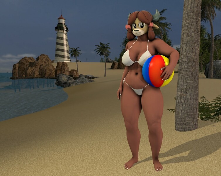 Size: 1356x1079 | Tagged: 3d, adorasexy, anthro, artist:kingdude84, beach, beach ball, belly button, bikini, breasts, busty yona, clothes, cute, derpibooru import, female, lighthouse, ocean, palm tree, plantigrade anthro, sexy, solo, source filmmaker, suggestive, swimsuit, tree, yak, yona, yonadorable