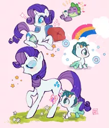 Size: 659x774 | Tagged: safe, artist:kino-ta, derpibooru import, rarity, spike, oc, oc:malakite, butterfly, dracony, dragon, hybrid, pony, unicorn, baby, beefspike, cute, egg, father and child, father and son, female, heart, interspecies offspring, male, mare, mother and child, mother and son, ocbetes, offspring, older, older spike, parent:rarity, parent:spike, parents:sparity, pink background, rainbow, shipping, simple background, sparity, sparkles, stars, straight