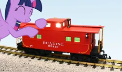 Size: 600x354 | Tagged: safe, artist:conrail15, derpibooru import, edit, vector edit, twilight sparkle, twilight sparkle (alicorn), alicorn, pony, caboose car, hug, model train, photoshop, vector