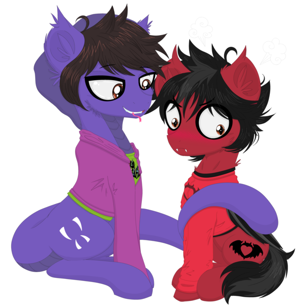 Size: 5000x5000 | Tagged: safe, artist:darkest-lunar-flower, derpibooru import, ponified, bat pony, cobra, hybrid, original species, pony, snake, snake pony, bat wings, bedroom eyes, blushing, clothes, cobra starship, commission, duo, ear fluff, emo, eyeliner, fall out boy, fangs, folded wings, forked tongue, gabe saporta, hood, hoodie, hug, looking down, makeup, male, messy mane, pete wentz, prehensile tail, scales, shirt, simple background, sitting, snake tail, stallion, tail hug, transparent background, undershirt, wings