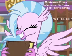 Size: 924x720 | Tagged: book, cropped, cute, derpibooru import, diastreamies, edit, edited screencap, irrational exuberance, library, safe, screencap, silverstream, smiling, squee, stairs, talking, that hippogriff sure does love stairs, what lies beneath
