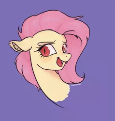 Size: 1197x1260 | Tagged: safe, artist:nodambol, derpibooru import, fluttershy, bat pony, pony, bat ponified, bust, female, floppy ears, flutterbat, looking at you, mare, open mouth, portrait, race swap, red eyes, simple background, smiling, solo, three quarter view