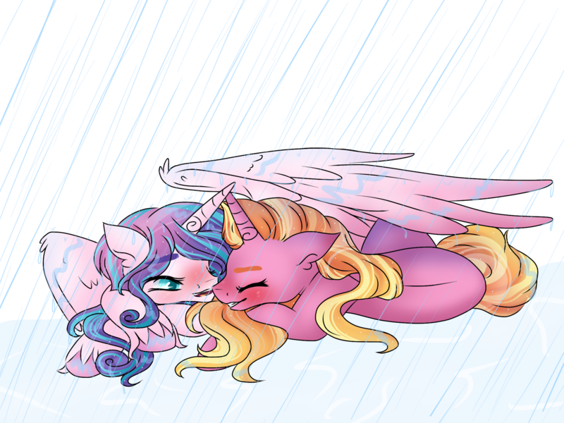 Size: 2048x1536 | Tagged: safe, artist:twinklecometyt, derpibooru import, luster dawn, princess flurry heart, alicorn, pony, unicorn, alternate hairstyle, blushing, cute, eyes closed, female, flurrybetes, flurrydawn, grin, lesbian, lusterbetes, mare, older, older flurry heart, open mouth, prone, rain, shipping, simple background, smiling, spread wings, transparent background, unshorn fetlocks, wet, wet mane, wing shelter, wing umbrella, wings
