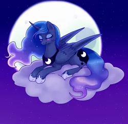 Size: 1280x1246 | Tagged: safe, artist:iobunny, deleted from derpibooru, derpibooru import, princess luna, alicorn, pony, blushing, cloud, cute, eyes closed, female, full moon, lunabetes, mare, moon, night, on a cloud, prone, sky, smiling, solo